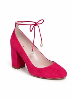 kate spade Fuchsia Suede Block Heel Ankle Tie Pump with Pearls sz 6.5
